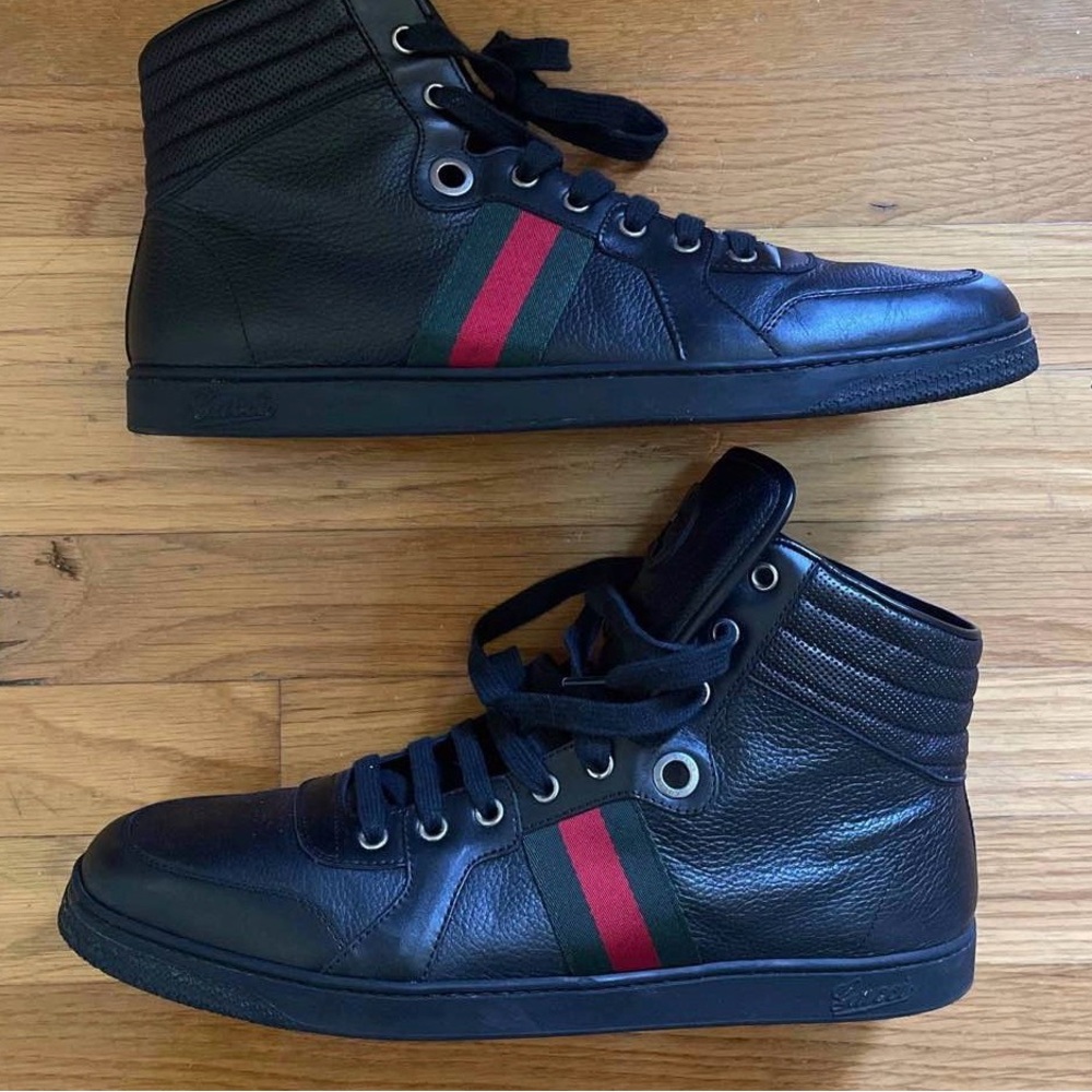 Gucci Black High-Top Sneakers with Red and Green Stripes
